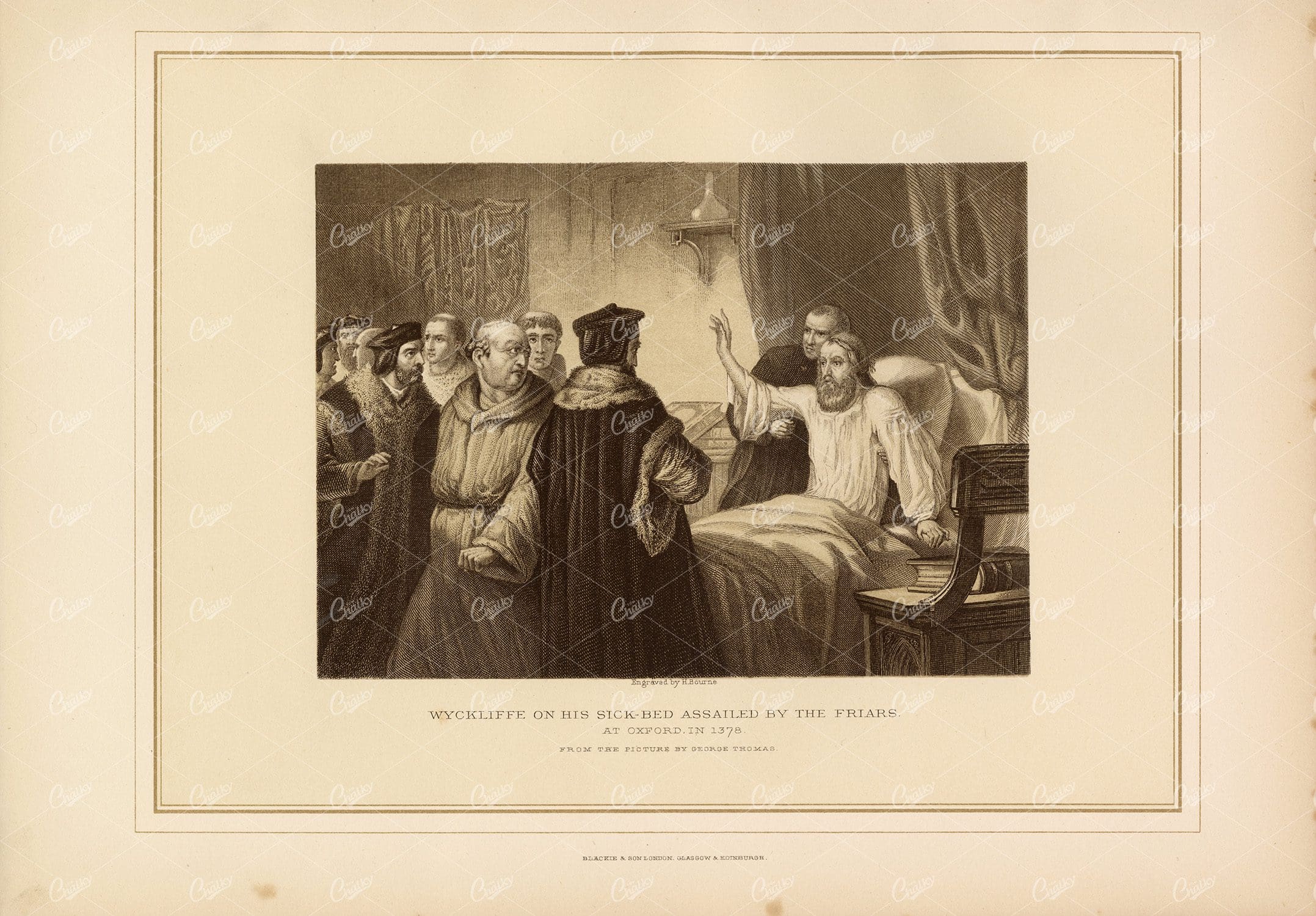 ANTIQUE Print of Wyckliffe on his sick-bed assailed by the Friars