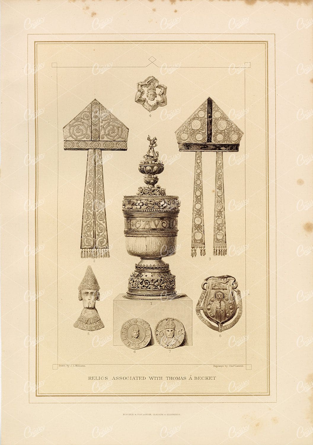 ANTIQUE Print of the Relics Associated with Thomas a Becket - 1800's