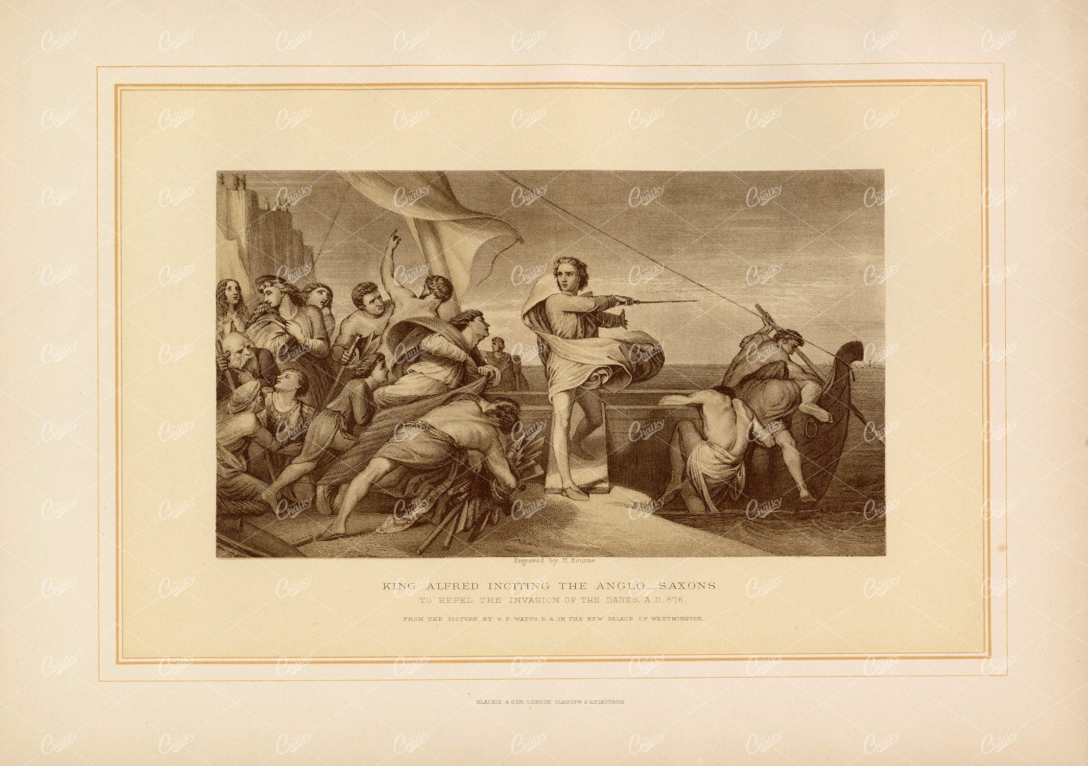 KING Alfred Inciting the Anglo-Saxons - Vintage 1800's Engraving