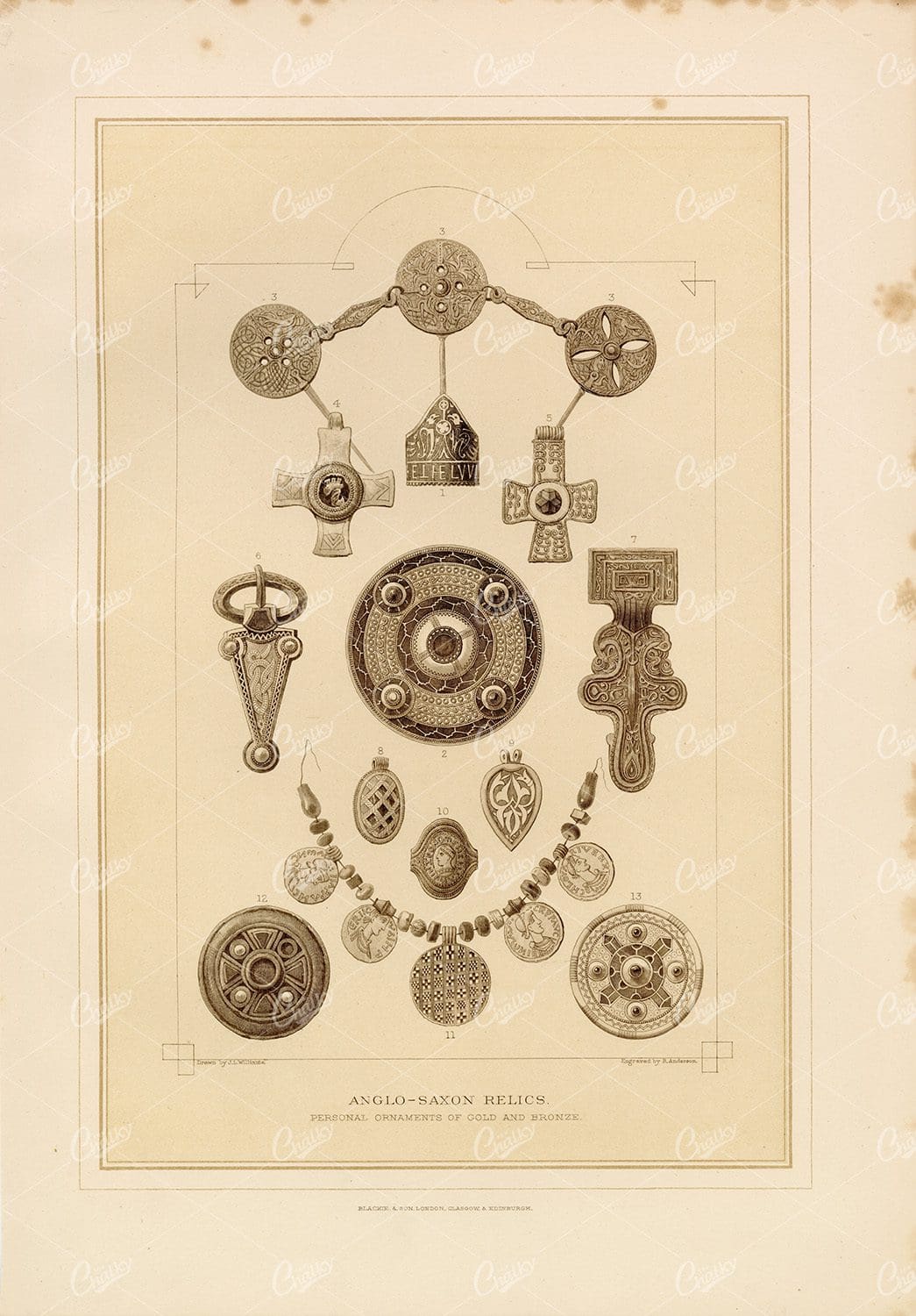 VINTAGE Engraving Showing Anglo - Saxon Relics - Antique 1800's