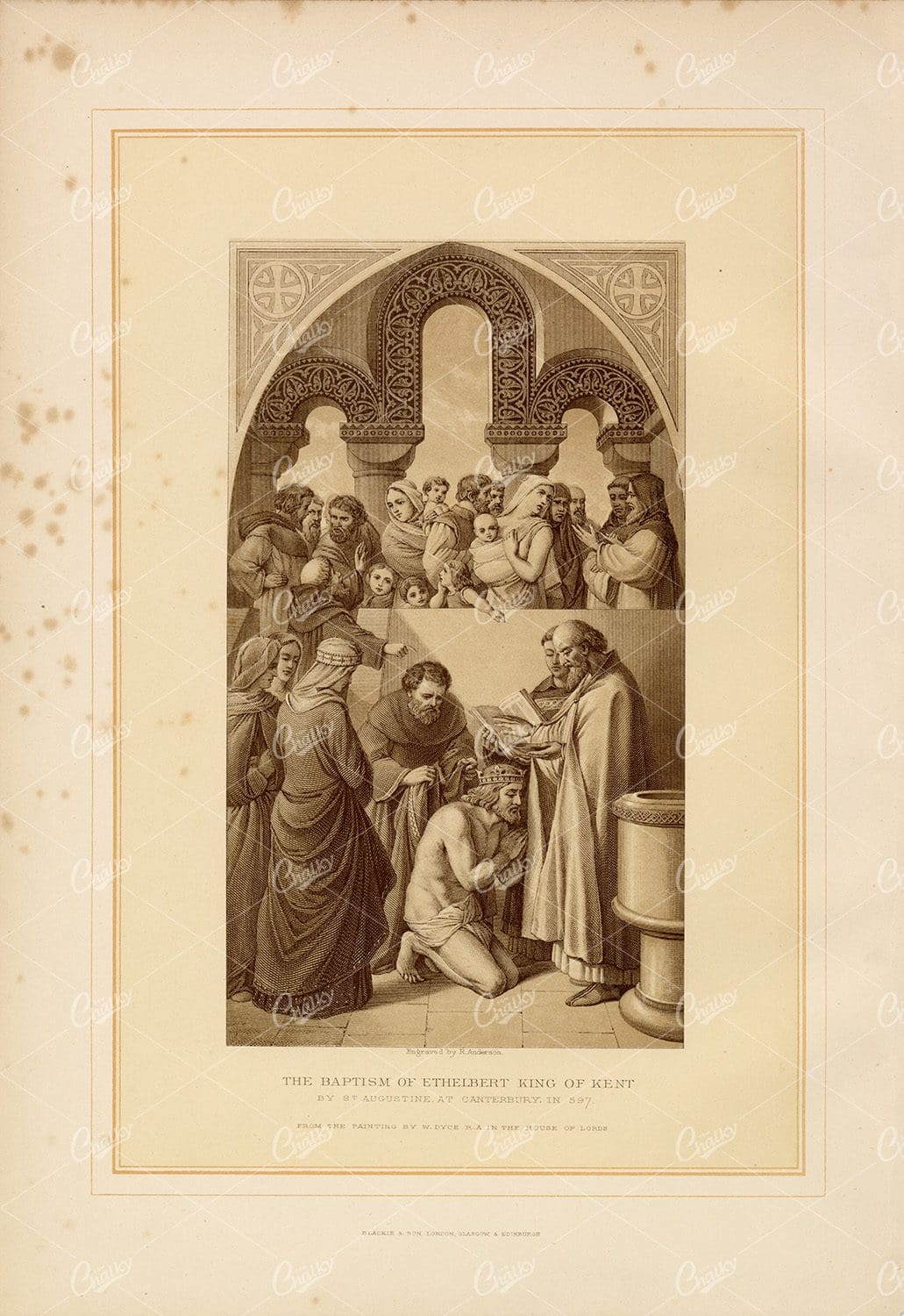 VINTAGE Engraving 1800's - The Baptism of the Ethelbert King of Kent