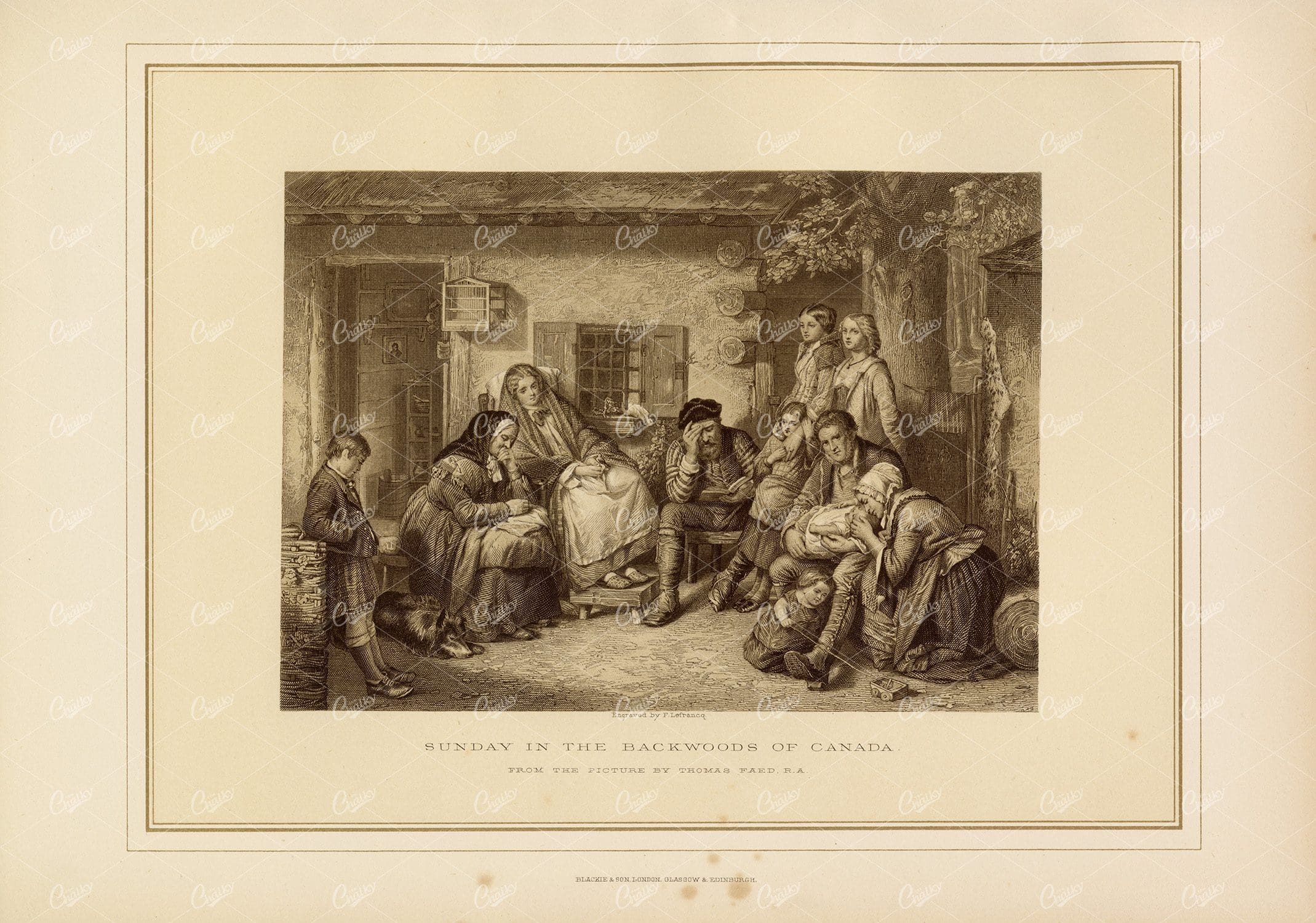VINTAGE Engraving 1800's - Sunday in the Backwoods of Canada