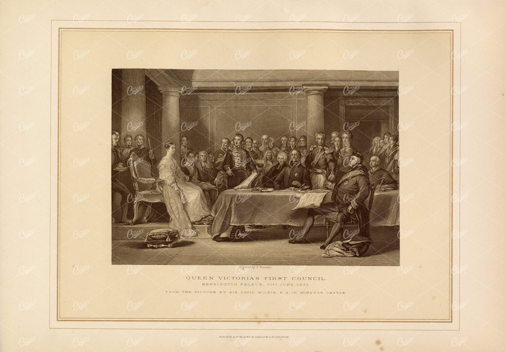 ANTIQUE Print - Queen Victoria's First Council at Kensington Palace