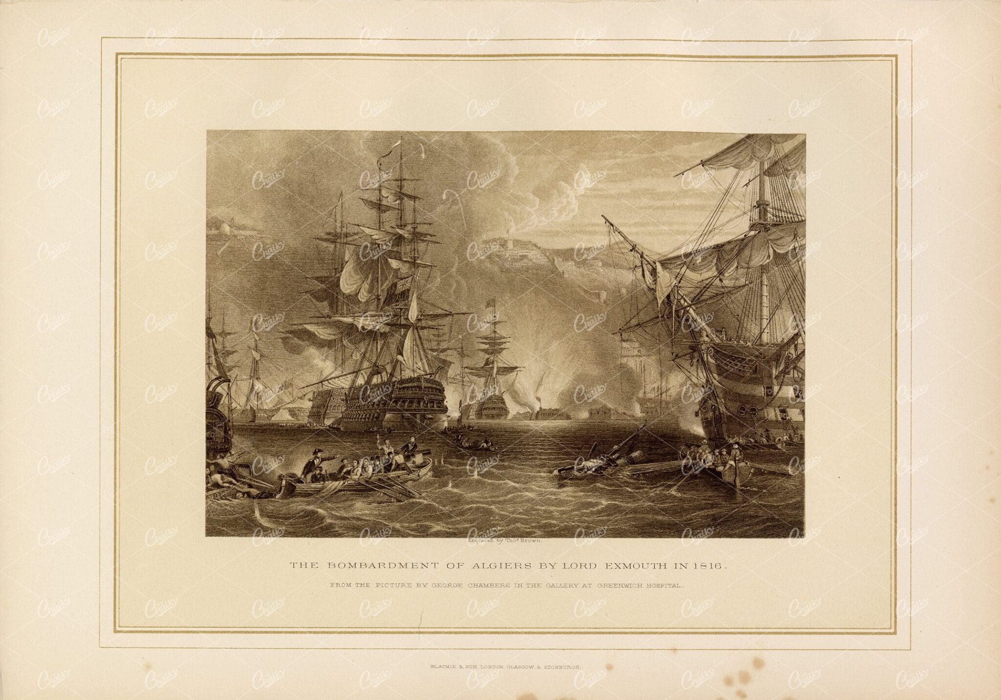 ANTIQUE Print - The Bombardment of Algiers by Lord Exmouth in 1816