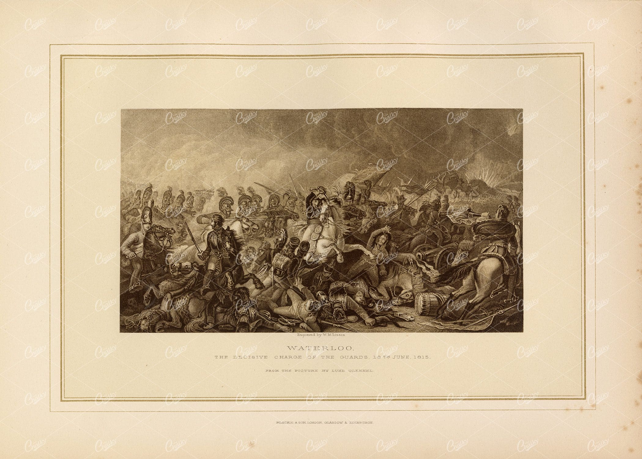 WATERLOO the Charge of the Guards, 16th June 1815 - Vintage 1800's Print