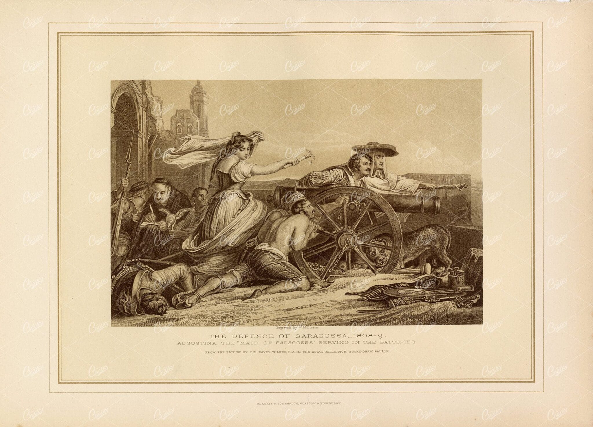 VINTAGE 1800's Engraving - The Defence of Saragossa - 1808-1809