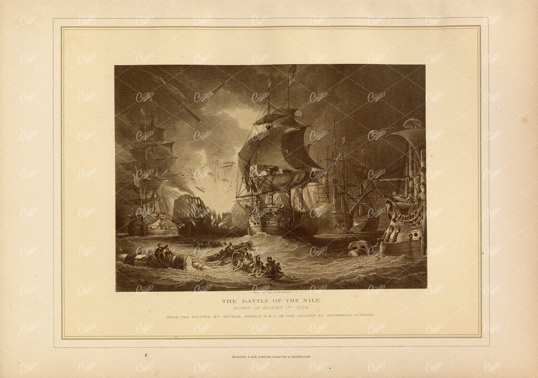 ANTIQUE Engraving Depicting The Battle Of The Nile August 1st 1798