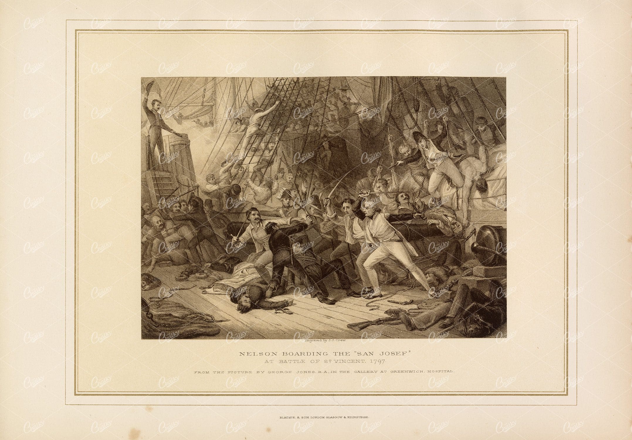 NELSON Boarding The San Josef - Battle of St Vincent, 1797 -Vintage Print