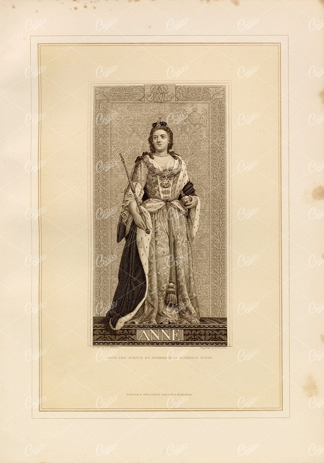 VINTAGE 1800's Print - Anne - from the Statue by Rysbrack