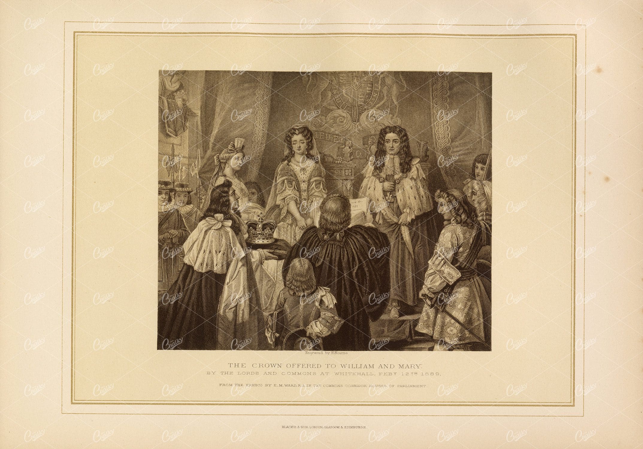 ANTIQUE 1800's Print - The Crown Offered to William and Mary