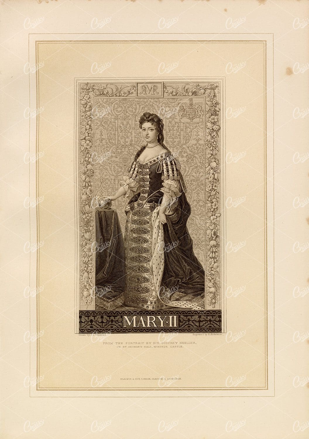 MARY II - from the Portrait by Sir Godfrey Kneller - Vintage 1800's Print
