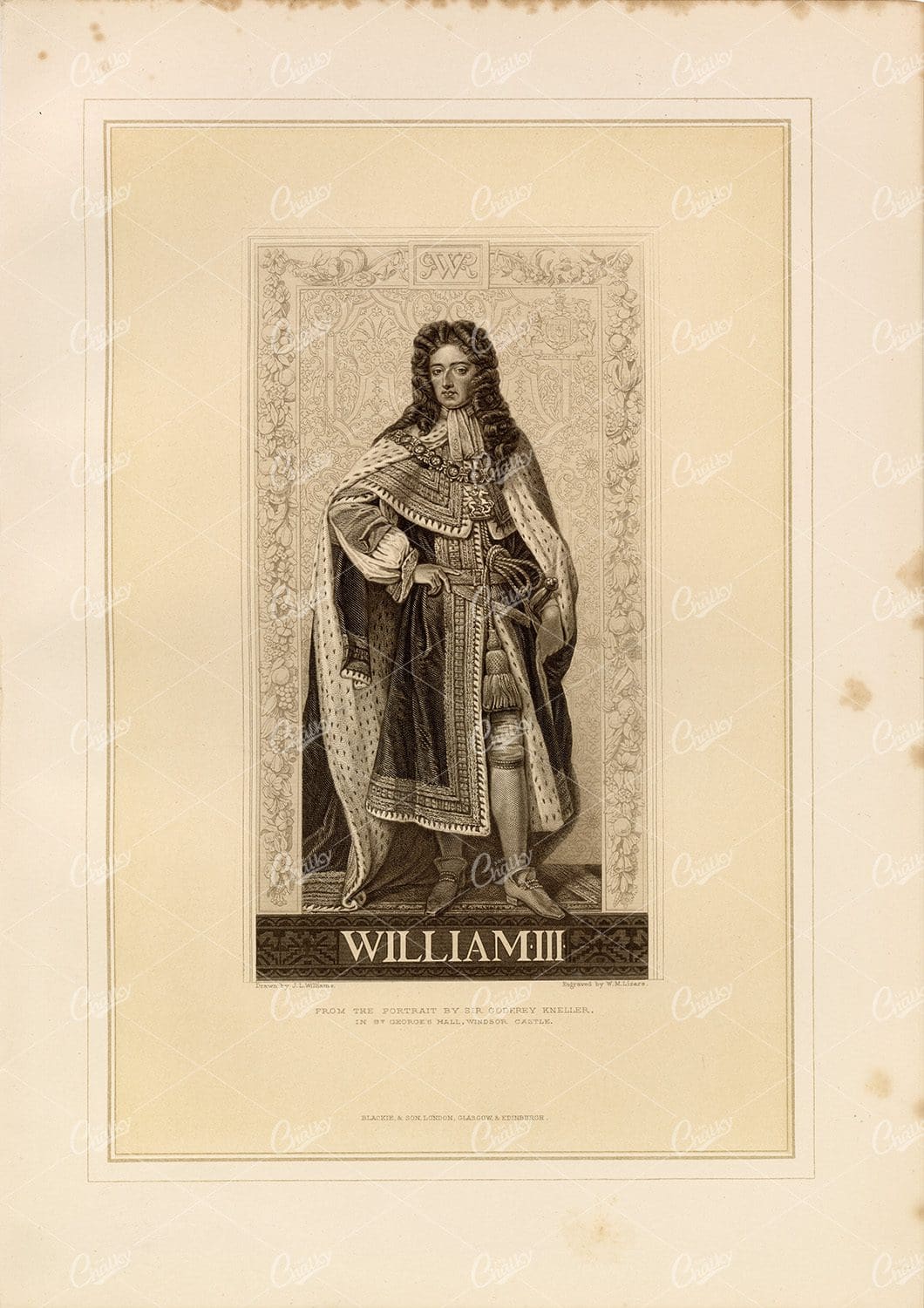 WILLIAM III - from the Portrait by Sir Godfrey Kneller - Antique 1800's Print
