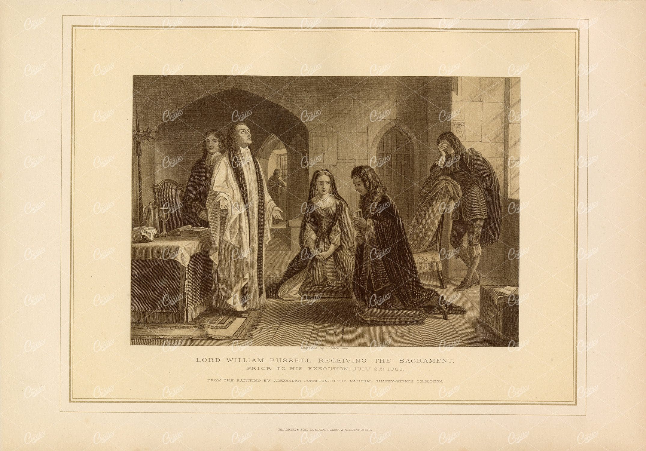 VINTAGE 1800's Print - Lord William Russell Receiving the Sacrament