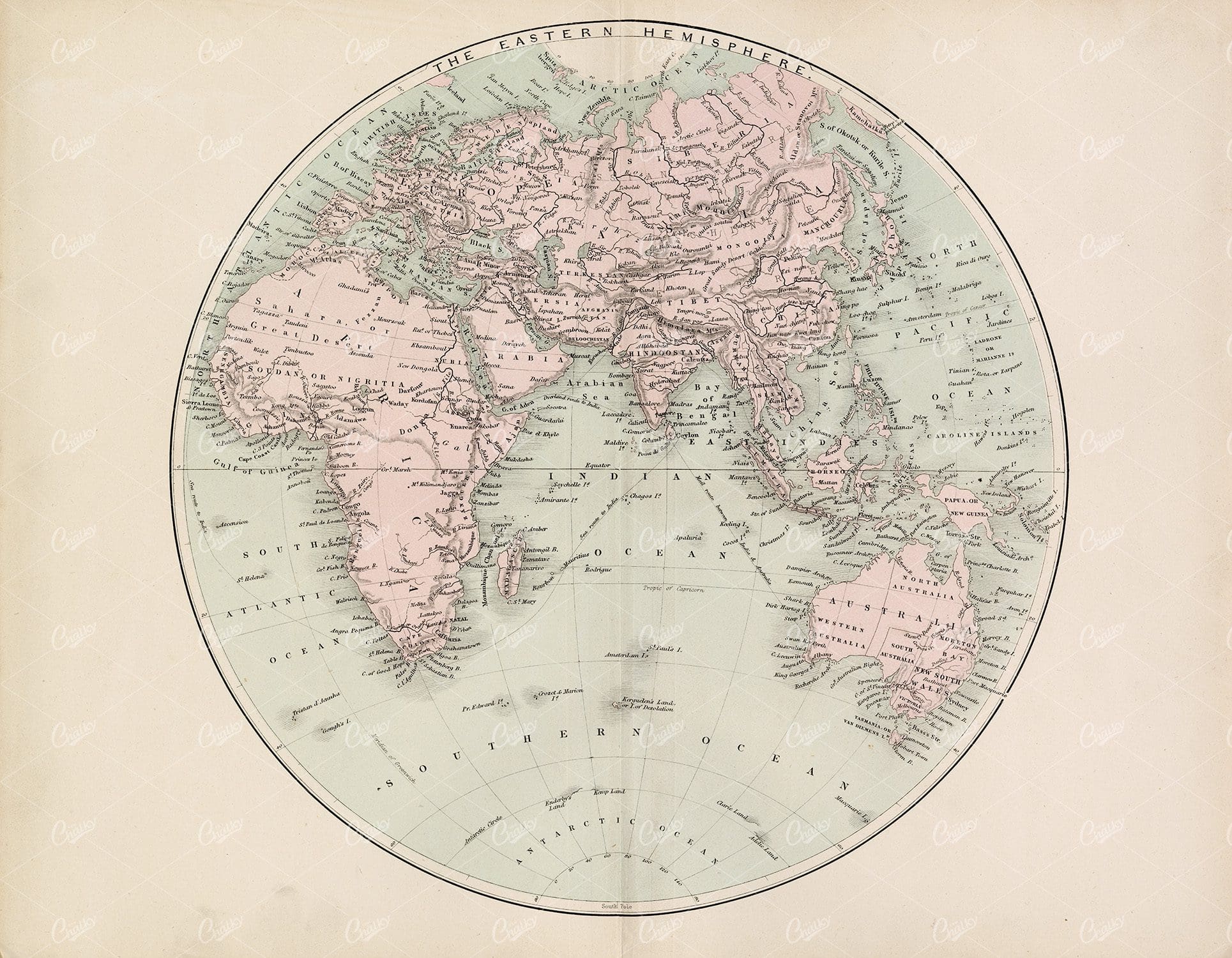 WORLD Map - The Eastern Hemisphere - Antique History Print