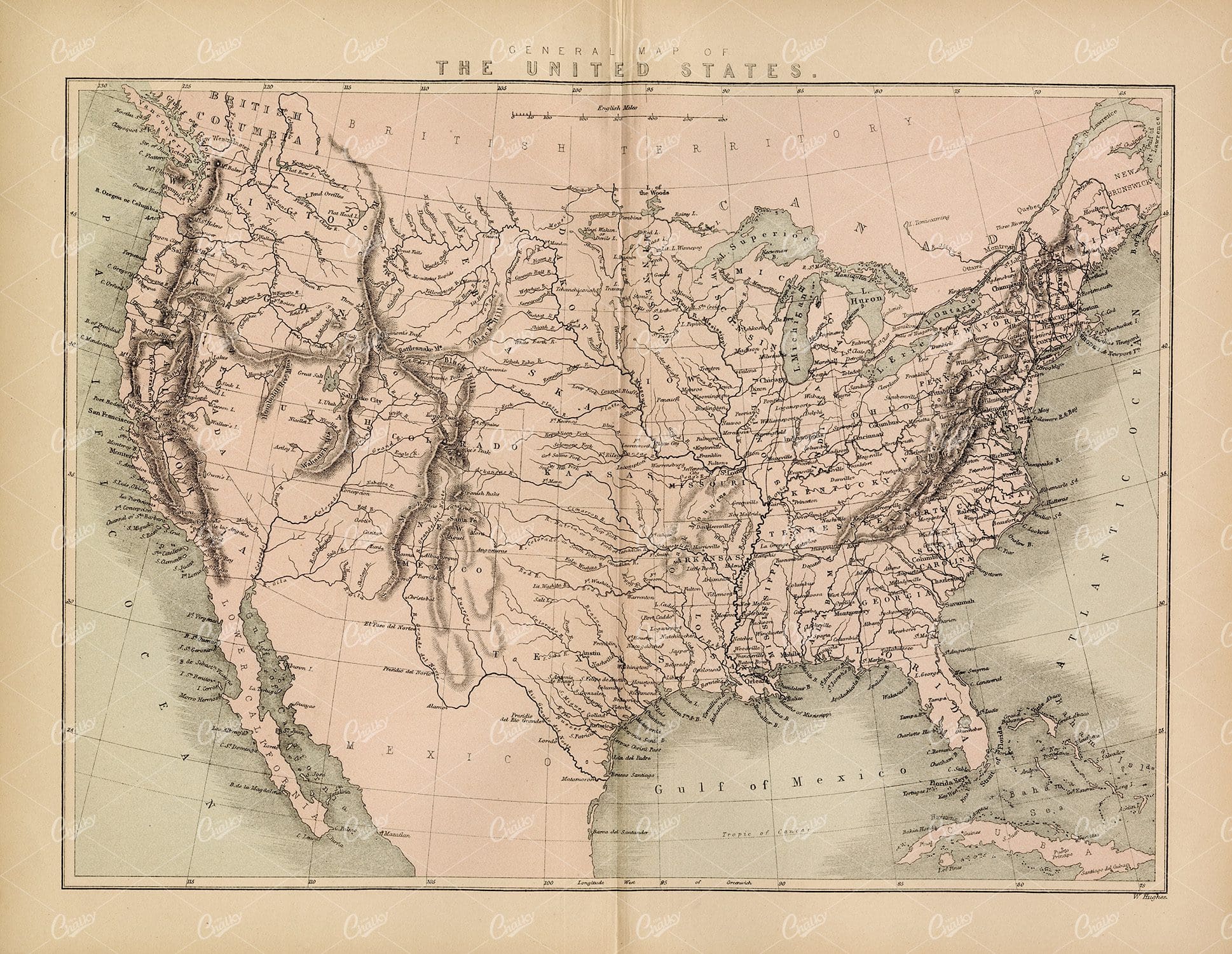 THE UNITED STATES - Antique Map - 1800's Vintage Print