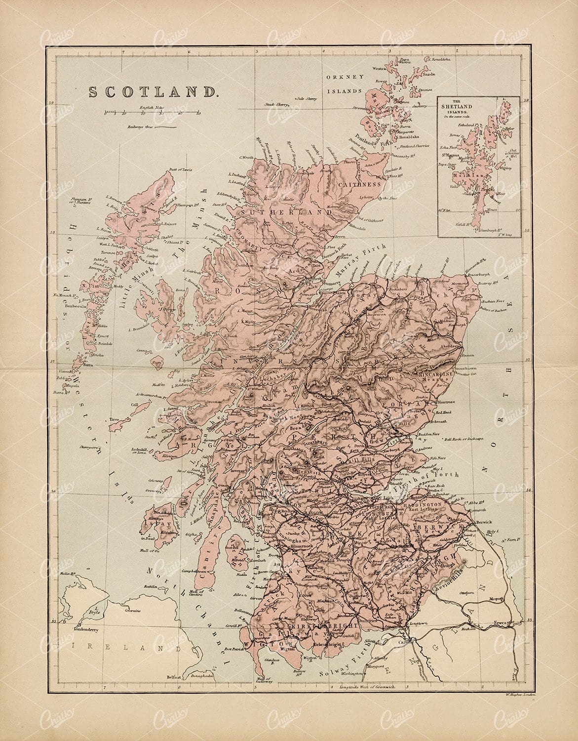 VINTAGE Colour Map of Scotland - Antique Print 1800''s