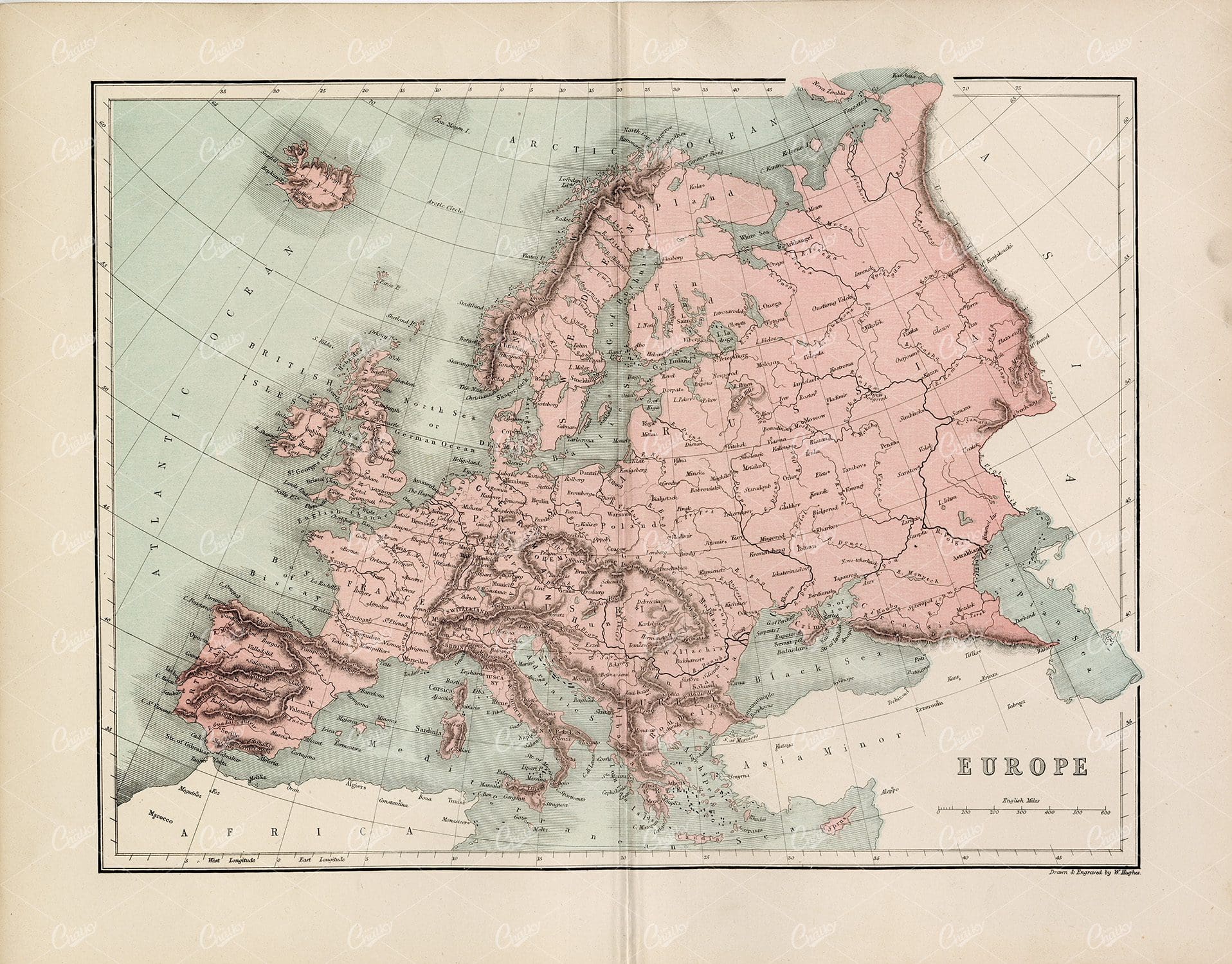 ANTIQUE Map of Europe - Vintage Coloured Print 1800's