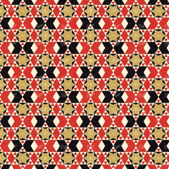 Tiled Gold, Black, Red and Cream Abstract Isometric Pattern No.1