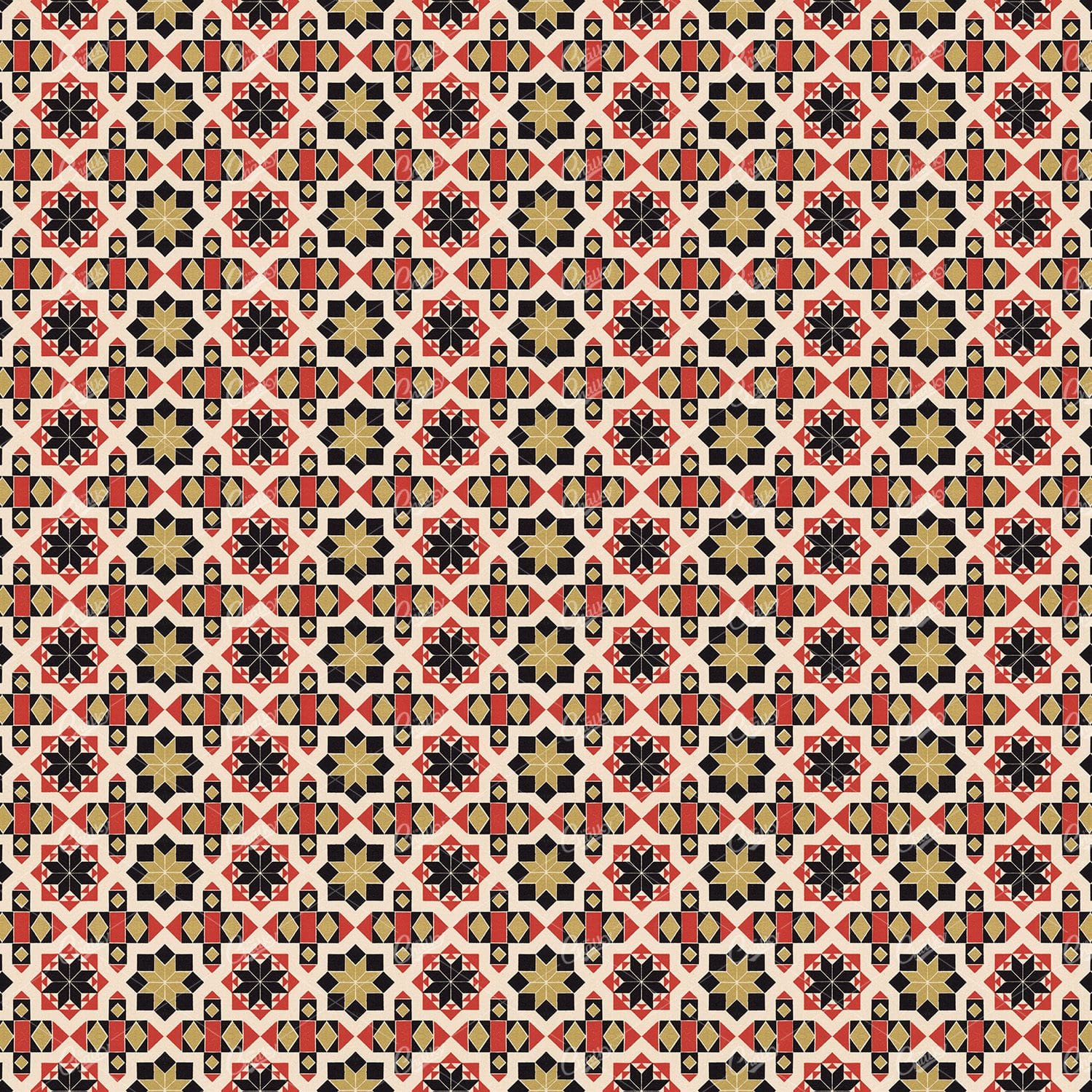 Tiled Gold, Black, Red and Cream Abstract Isometric Pattern No.2