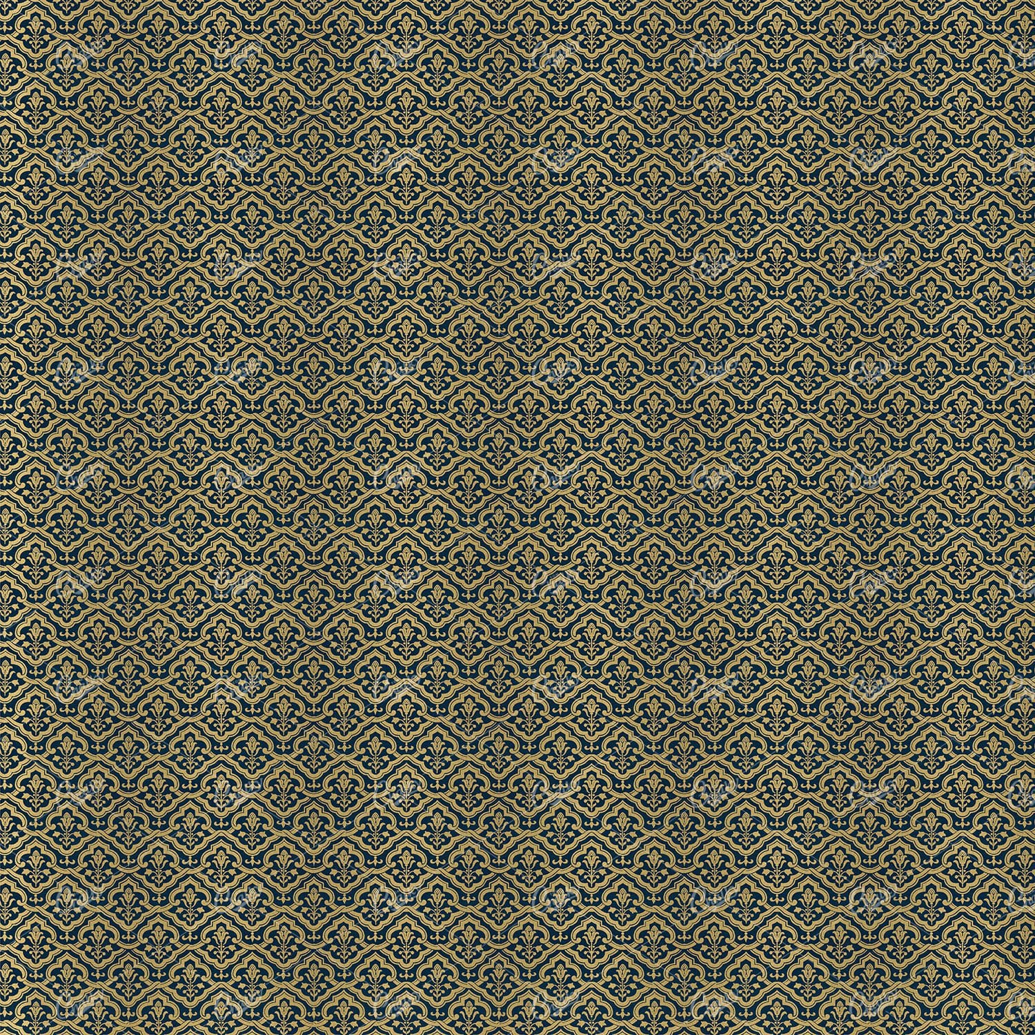 Interlocking Flourished Floral Blue and Gold Pattern