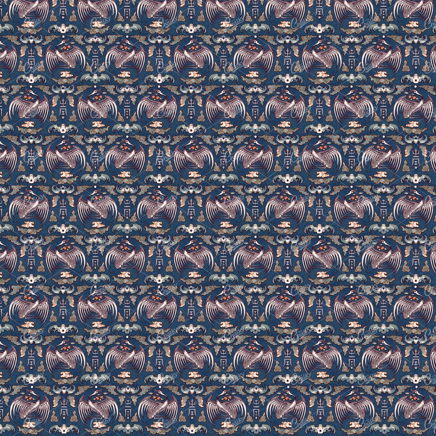 Japan Influenced Crane and Clouds Tiled Vintage Pattern Background