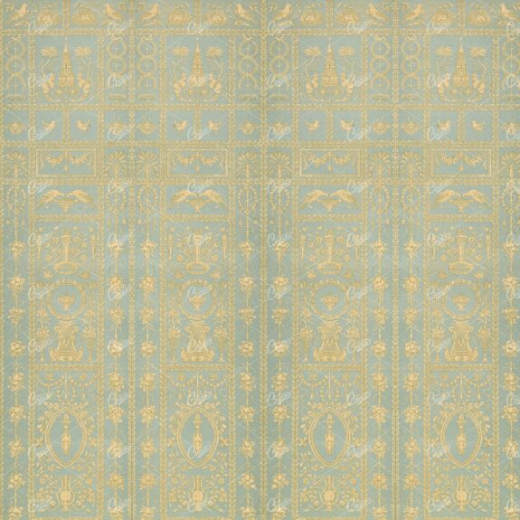 Pale Blue and Cream Decorative Bird, Floral, and Fruit Frises Pattern