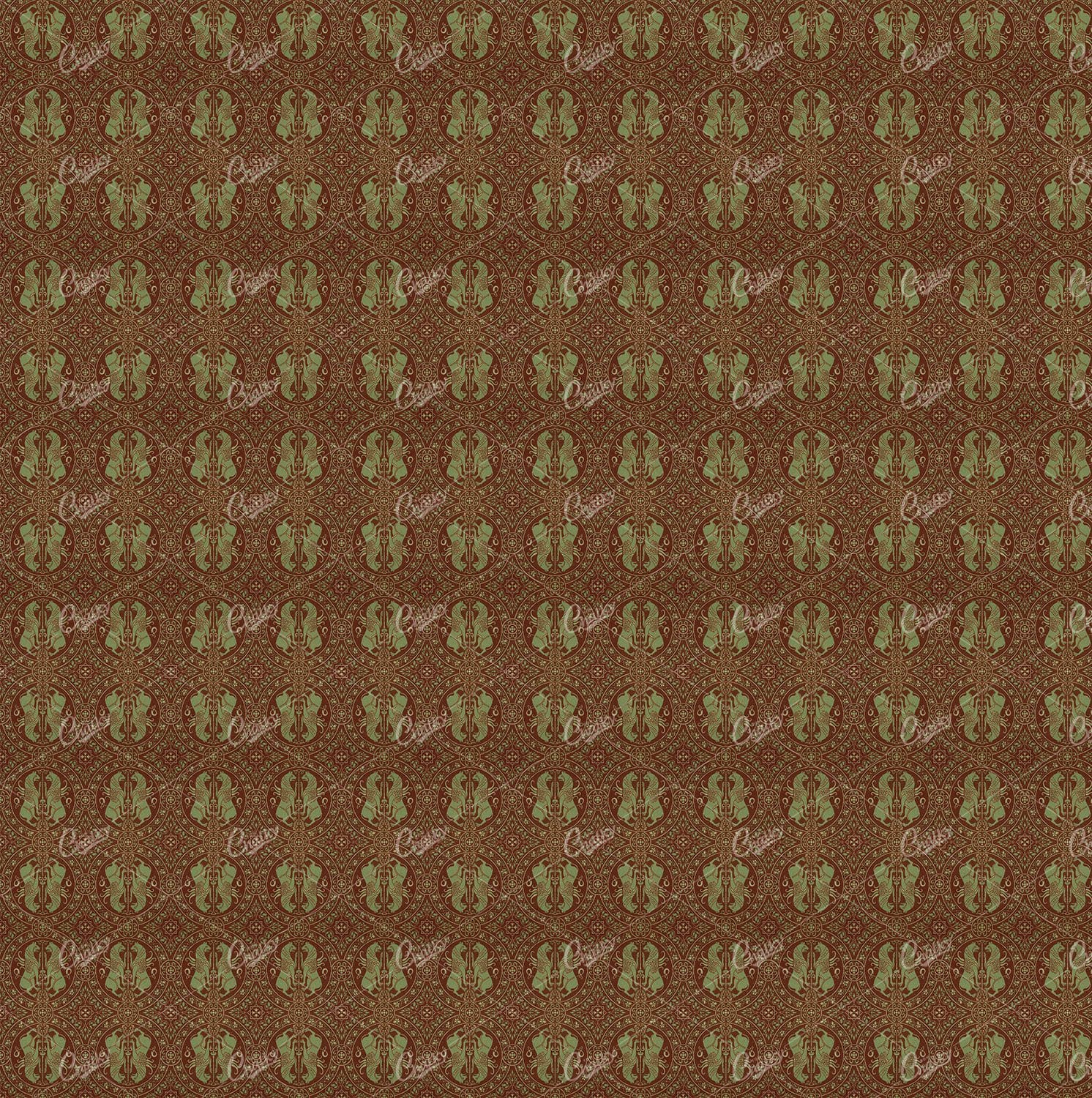 Medieval Themed Repeated Pattern Featuring Mythical Beast and Flourishes