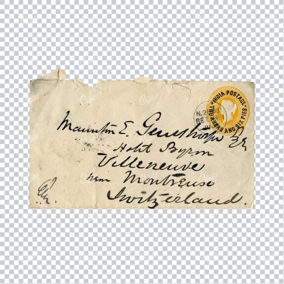 Vintage Envelope with Handwritten Calligraphy and Yellow India Postage Stamp