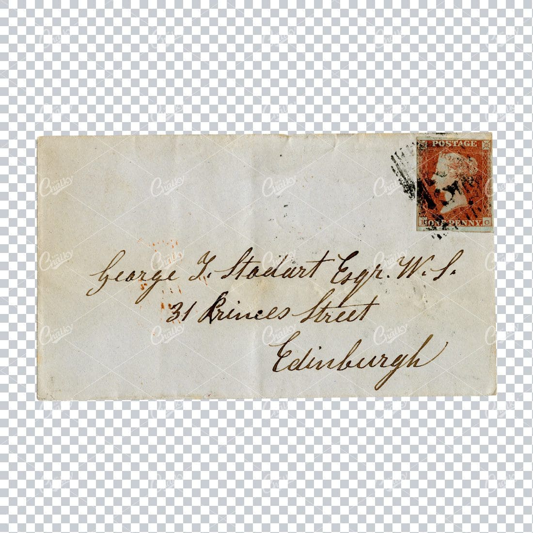 Vintage Envelope Scan with Red One Penny Postage Stamp No.2