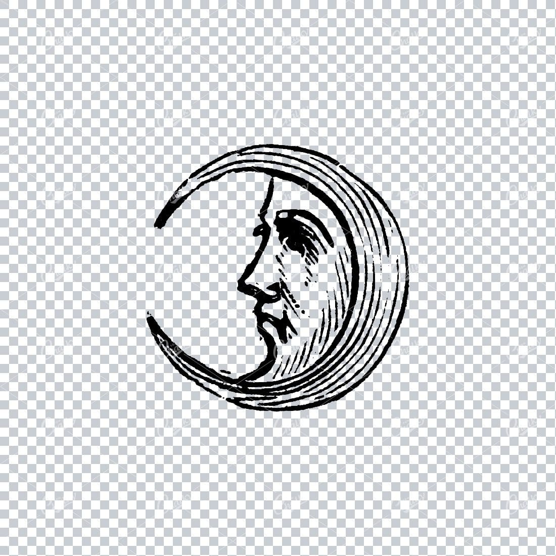 Old Illustration of a Crescent Moon Face