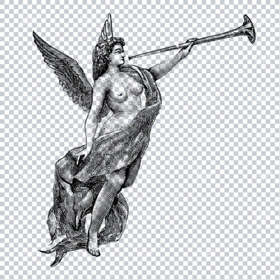 Antique Line Art Drawing of an Angel Blowing a Horn