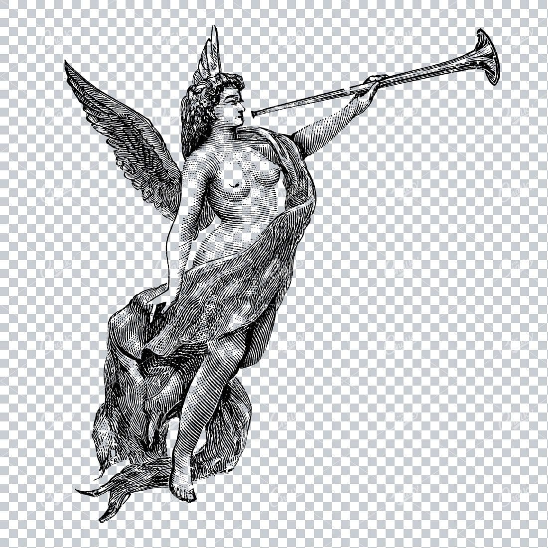 Antique Line Art Drawing of an Angel Blowing a Horn