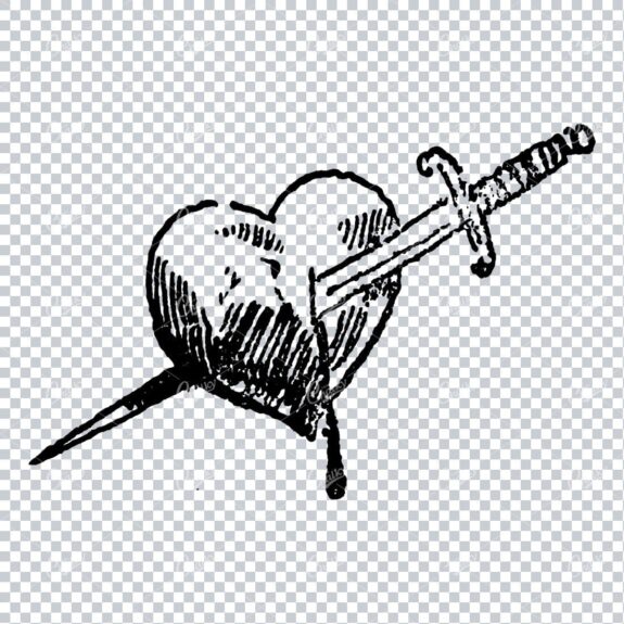 Rough Textured Line Art Drawing of a Heart with a Knife Going Through