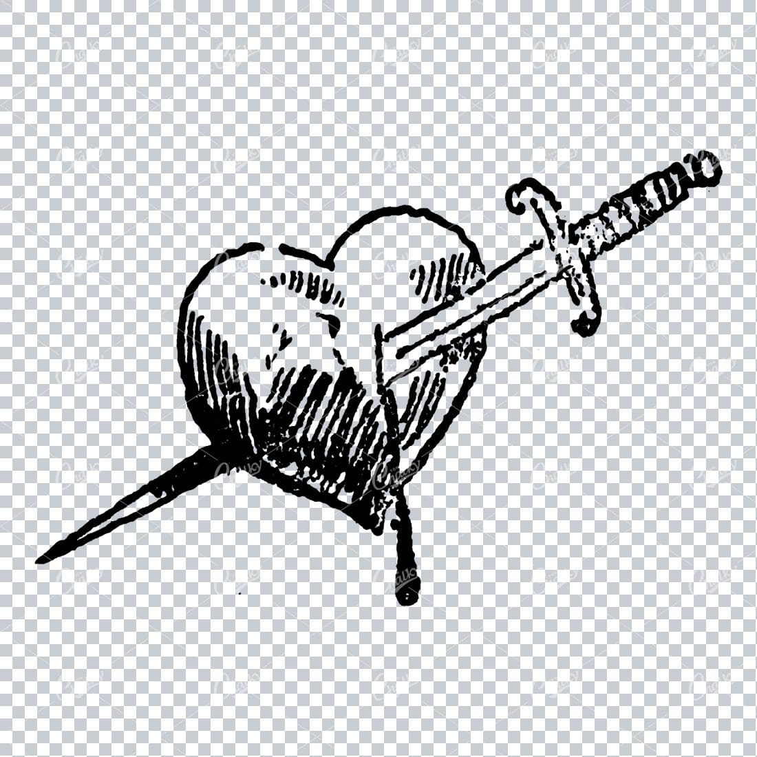 Rough Textured Line Art Drawing of a Heart with a Knife Going Through