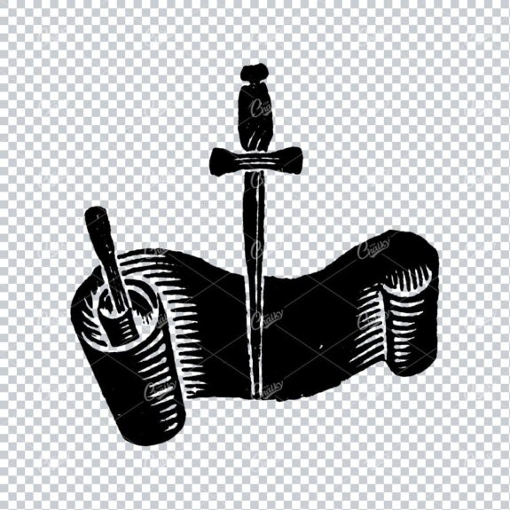 Rough Textured Engraving Artwork of a Paper Scroll and Sword Overlapping