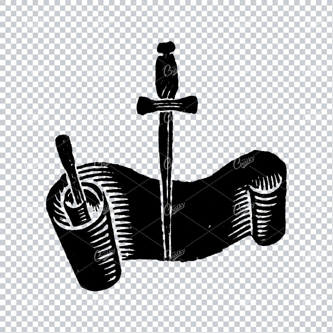 Rough Textured Engraving Artwork of a Paper Scroll and Sword Overlapping