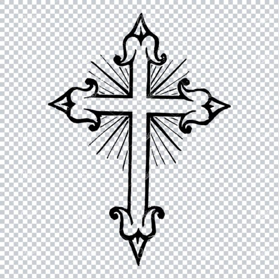 Antique Christian Cross Illustration with Sun Burst Lines