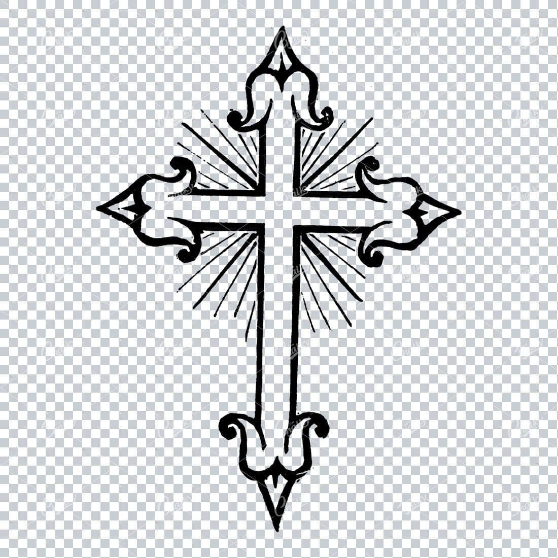 Antique Christian Cross Illustration with Sun Burst Lines