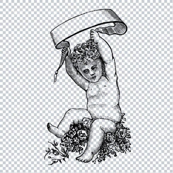 Cherub Sitting on a Bed of Flowers Holding a Scroll / Banner Above its Head