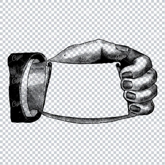 Large Hand Holding a Business Card - Vintage Line Art Illustration