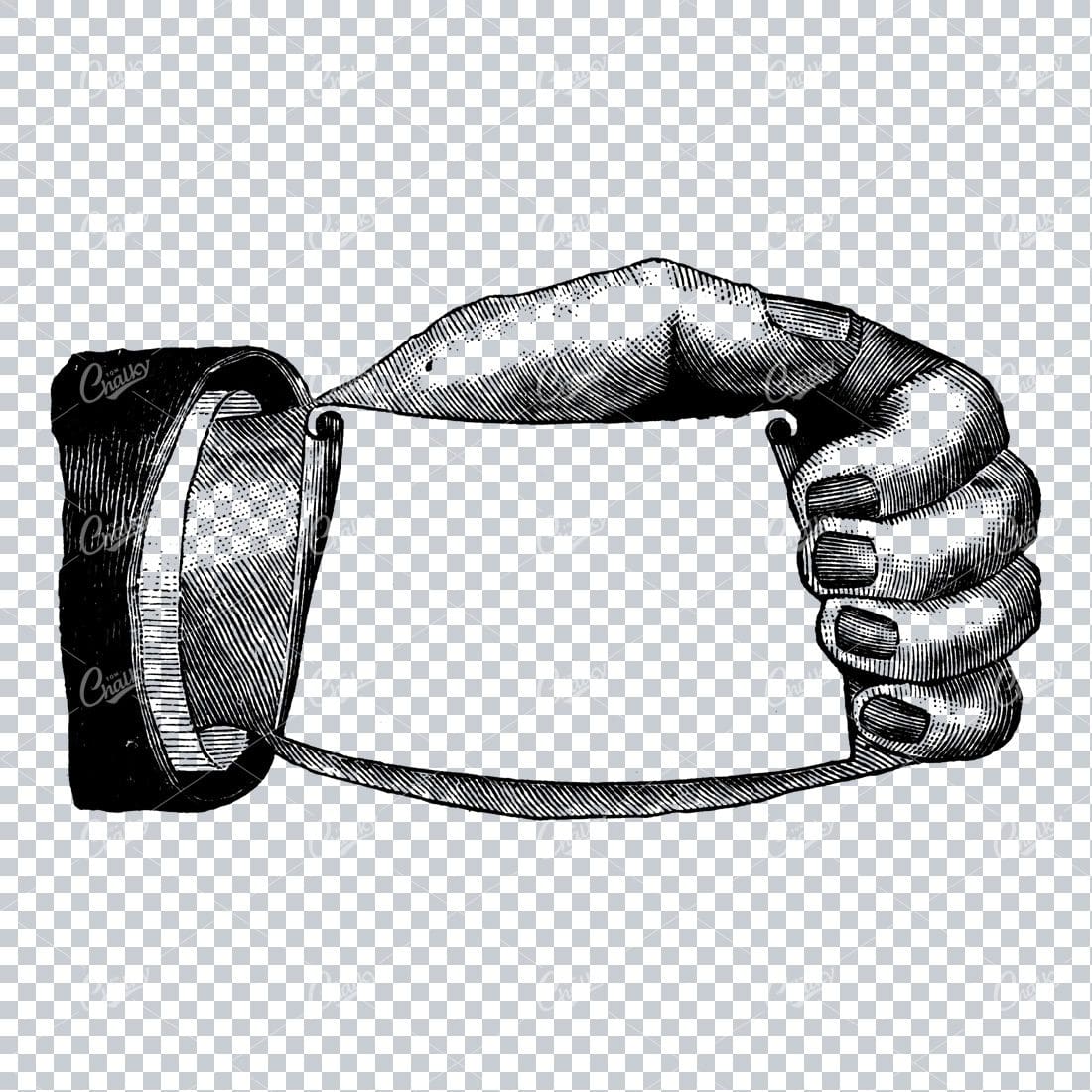 Large Hand Holding a Business Card - Vintage Line Art Illustration