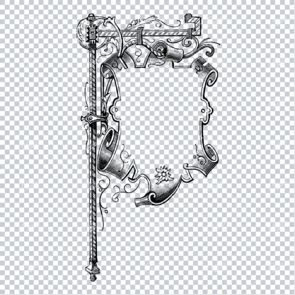 Line Art Illustration of a Decorative Antique Shop Sign Hanging from a Pole No.1