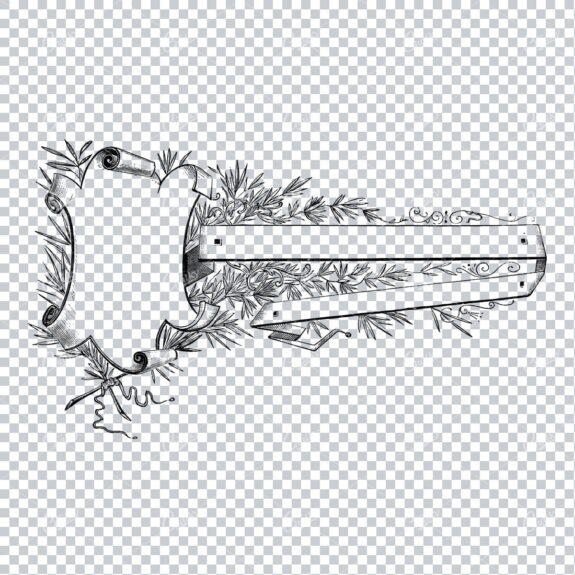 Decorative Badge / Banner Art with Long Horizontal Scroll Adorned with Plants