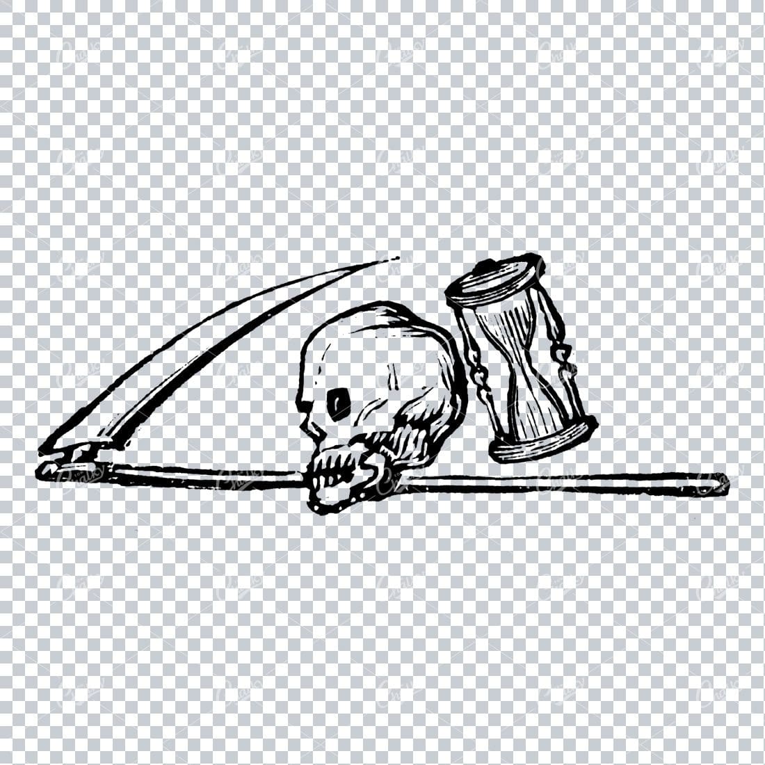 Human Skull with Scythe and an Hourglass