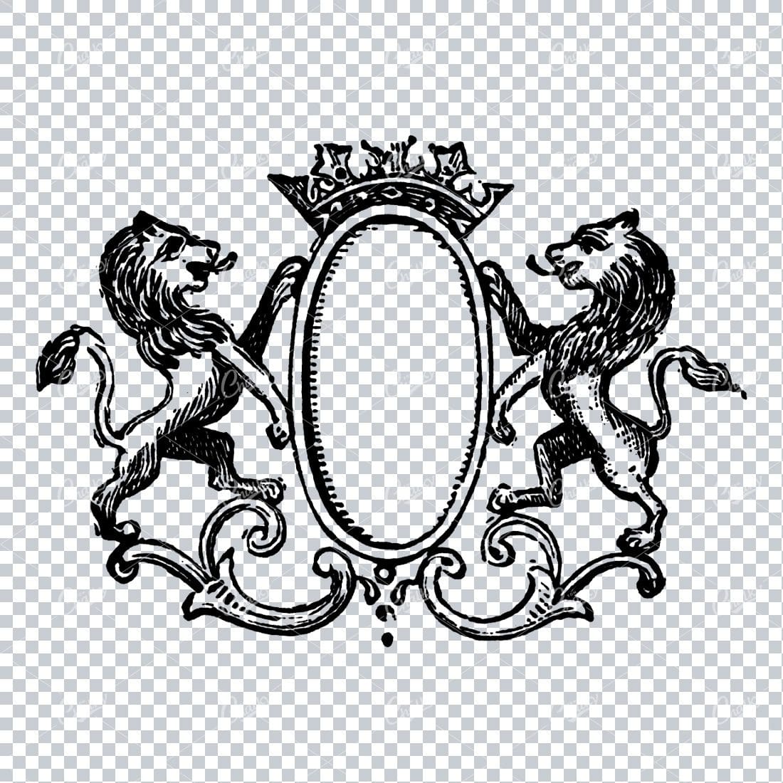 Two Lions on Back Legs Either side of Frame with Crown