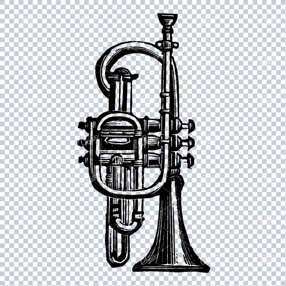 Antique Musical Instrument Line Art Illustration - Trumpet