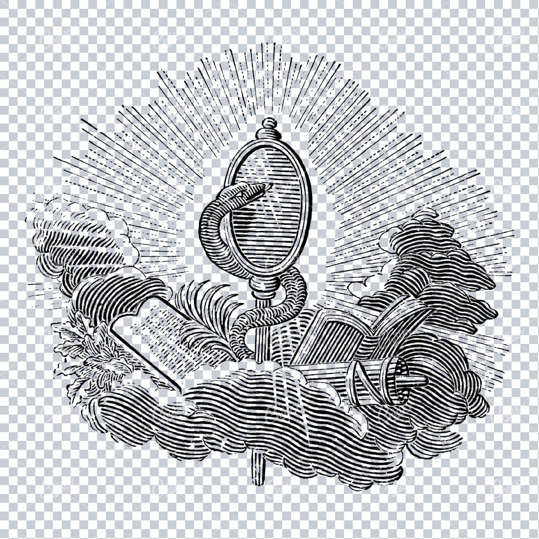 Snake Wrapping Around Mirror among Books and Sunburst Lines