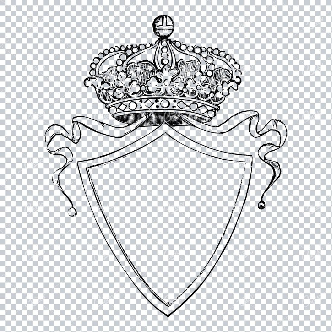Shield / Badge Design with Royal Crown and Ribbons Atop