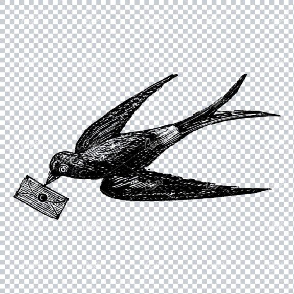 Antique Illustration of a Flying Bird Carrying Mail