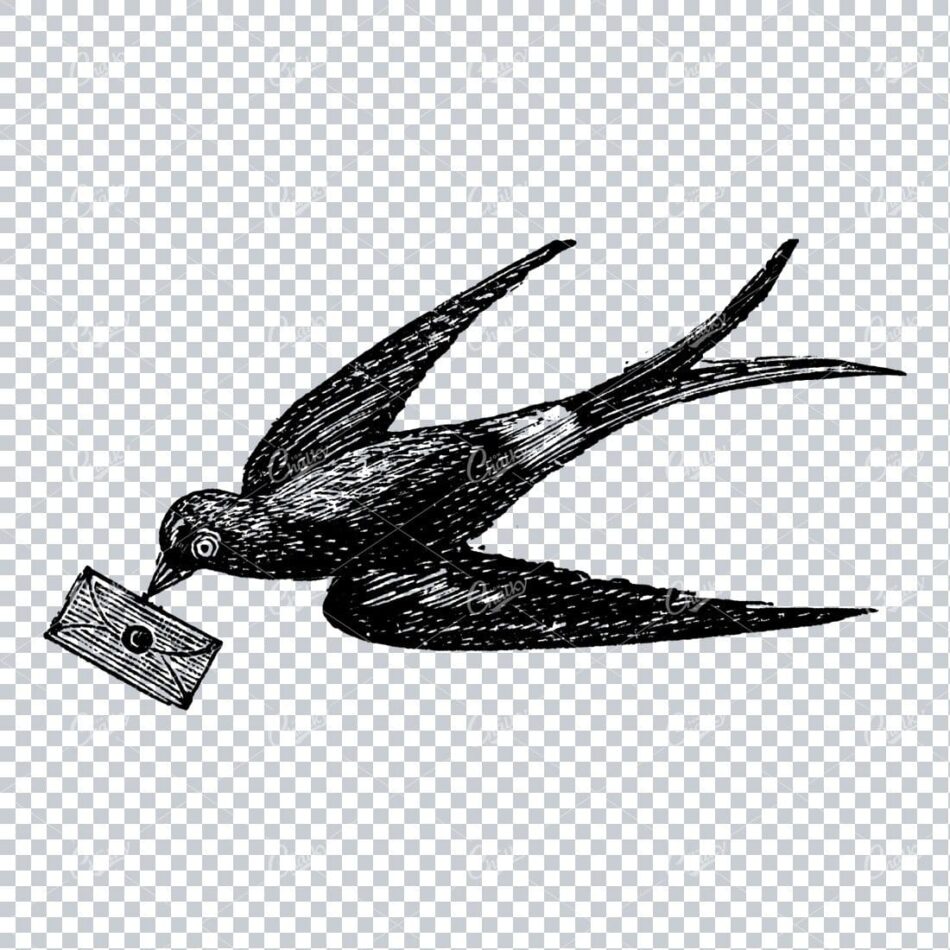 Antique Illustration of a Flying Bird Carrying Mail